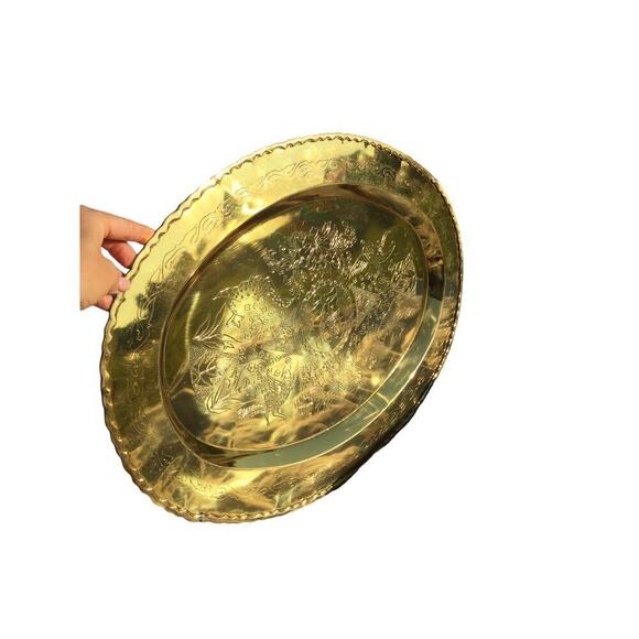 Giant brass serving platter 24"X18" birds tray oriental asian gold partridge MCM - Picture 2 of 16